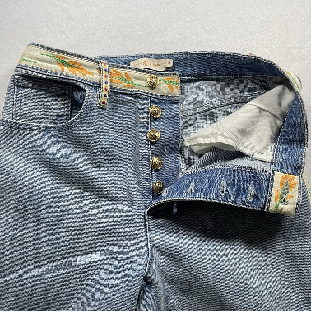 Tory Burch Women's Size 27 Floral Trim Button Fly Straight Leg Jeans Blue - Picture 4 of 12